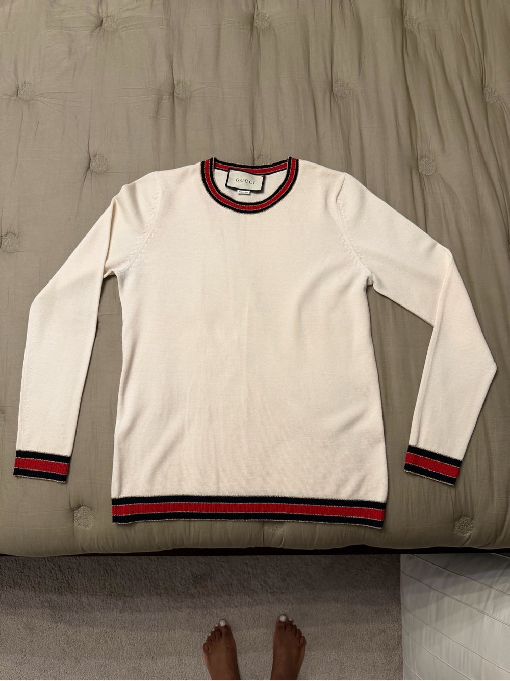 Gucci Men's Cream Crewneck Sweater with Red & Black Stripe Trim